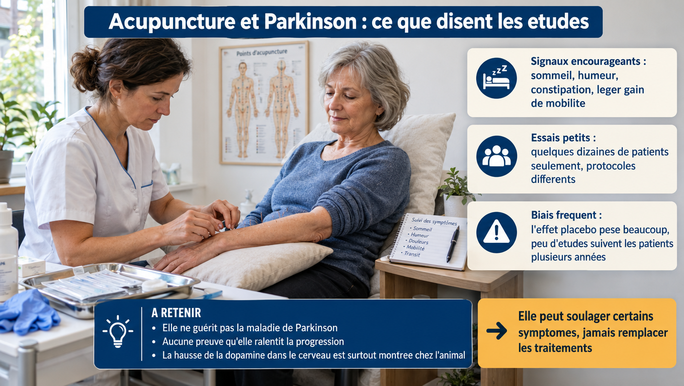 « Acupuncture et Parkinson : sommeil, humeur et constipation légèrement améliorés dans de petits essais, mais pas de preuve de ralentissement de la maladie ni d'effet sur la dopamine cérébrale. »