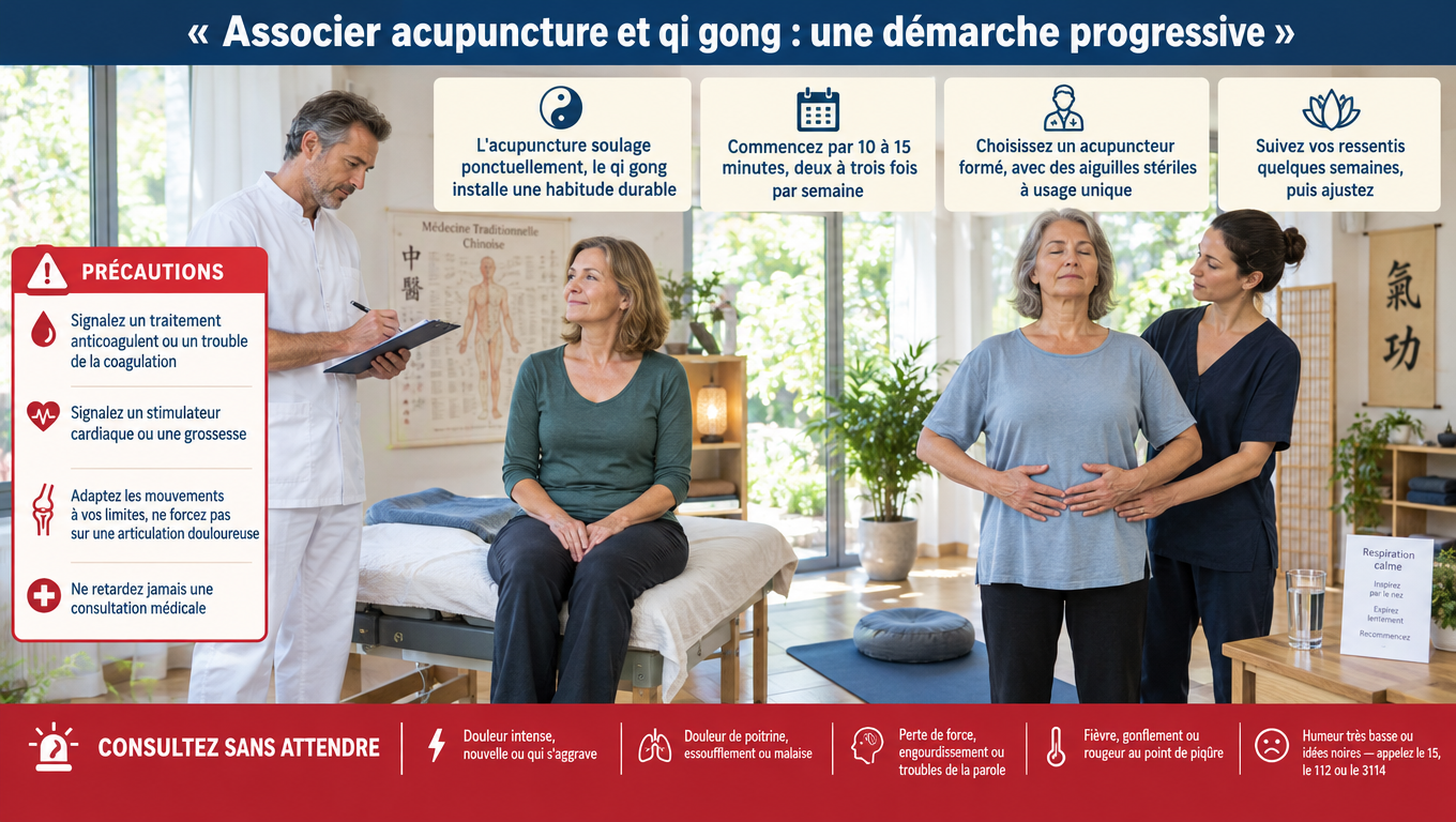 « Associer acupuncture et qi gong : pourquoi c'est logique, comment progresser (10-15 min, 2 à 3 fois par semaine), précautions à respecter et signes imposant une consultation. »