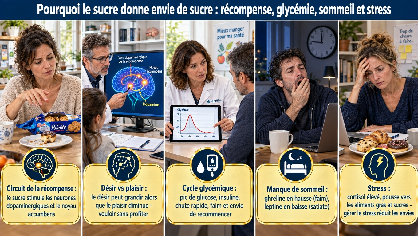 « Cycle : pic de glucose → insuline → chute rapide → faim. Manque de sommeil : ghréline +15 %, leptine ‑15‑20 %. Cortisol + ashwagandha ‑14‑28 %. OMS : sucres libres < 10 % (50 g), idéal < 5 % (25 g). Soda 33 cl = 35 g = 7 morceaux. Sucre caché sous 9 noms. »