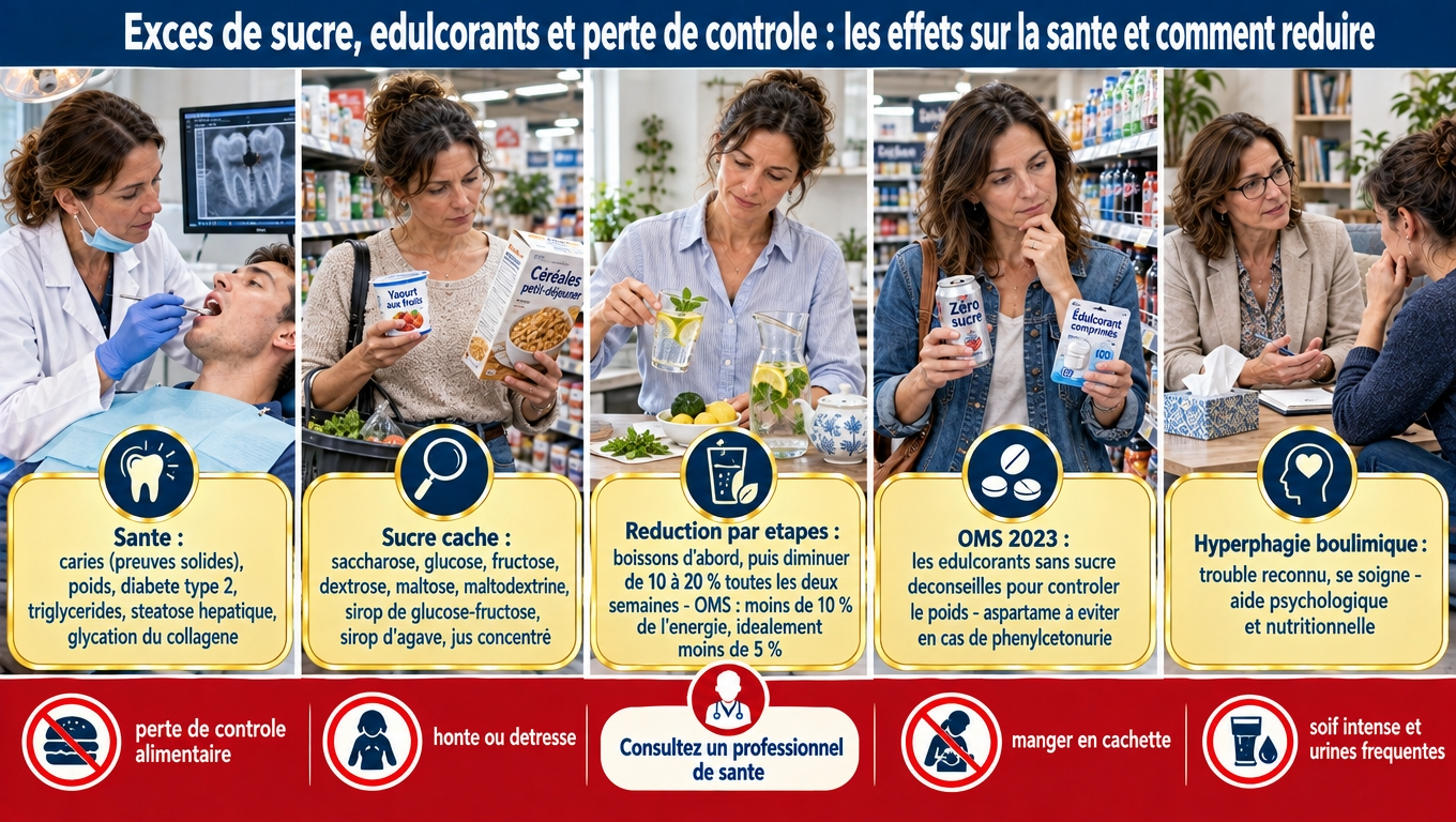 « Excès de sucre : poids, DT2, triglycérides, stéatose, caries (preuves solides), glycation. Soda 33 cl = 7 morceaux. OMS 2023 : édulcorants déconseillés. Réduire par paliers 10‑20 %/2 semaines, boissons d'abord. Hyperphagie boulimique : trouble reconnu, se soigne. Sevrage : 3‑7 jours. »