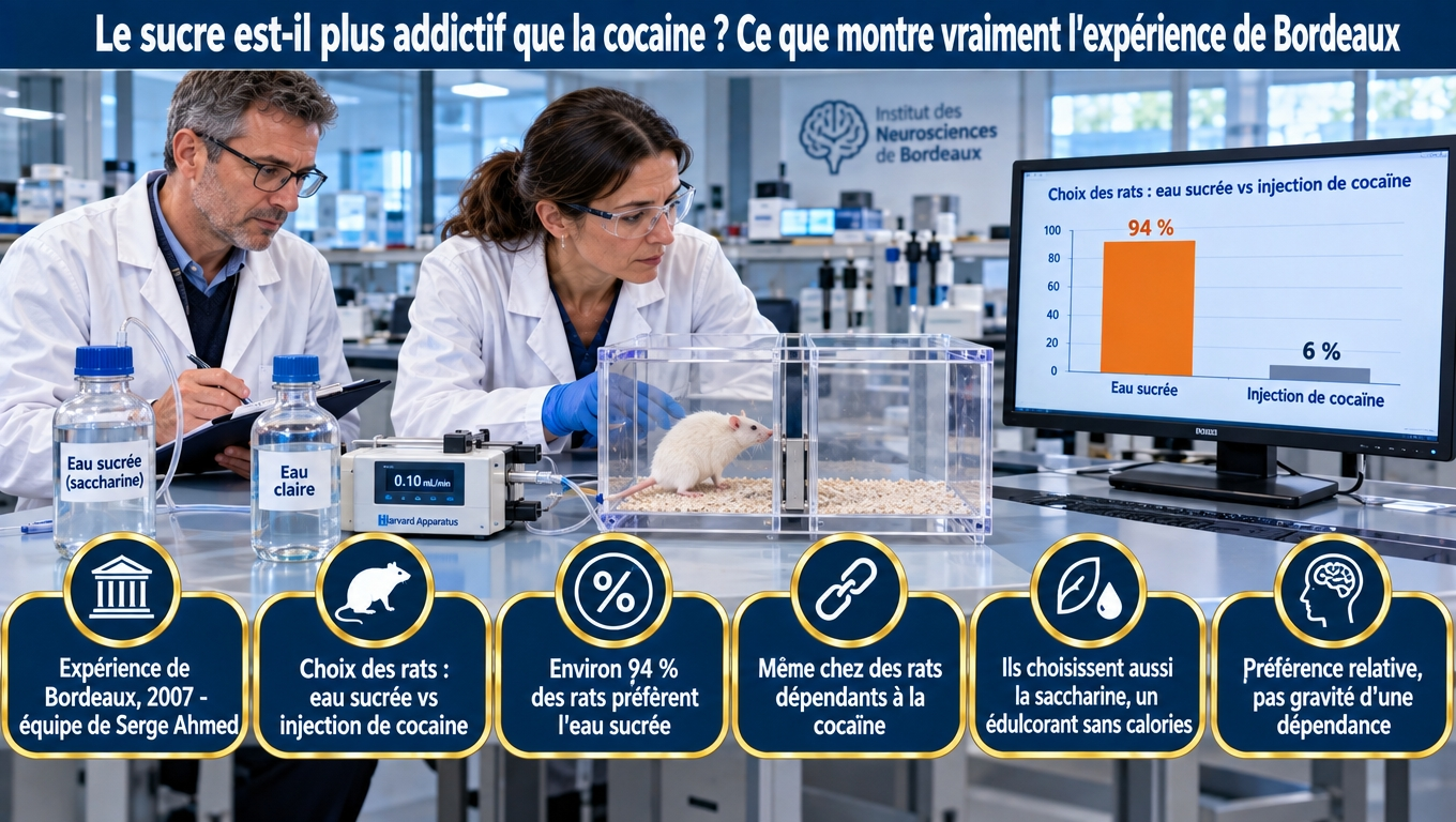 « Étude de Bordeaux 2007 (Serge Ahmed) : ~94 % des rats préfèrent l'eau sucrée à la cocaïne — mais il s'agit d'eau à la saccharine (sans calories), donc c'est la saveur, pas l'énergie. Limites : animaux, préférence relative. Accès intermittent = binge + sevrage. Chez l'humain : YFAS 10‑20 %, débat en cours. »