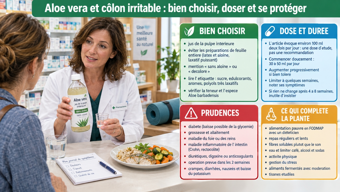 Jus de pulpe « sans aloïne », éviter la feuille entière et les polyols ; commencer à 30–50 ml/jour puis juger en 4 à 8 semaines ; précautions (diabète, grossesse, foie/reins, MICI, anticoagulants) et piliers complémentaires (FODMAP, fibres solubles, stress, activité).