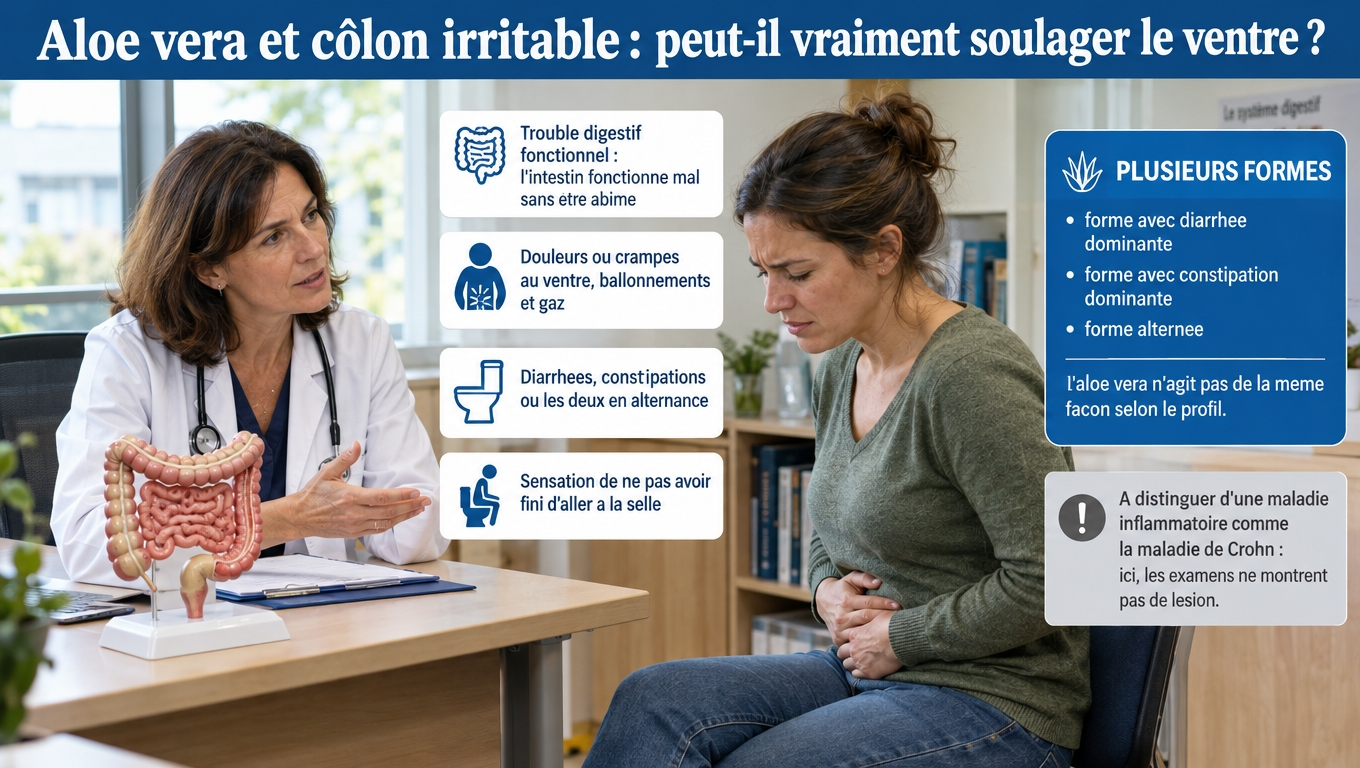  Le SCI est un trouble fonctionnel sans lésion (à distinguer de la maladie de Crohn) ; douleurs, ballonnements, transit alterné — l'aloe vera n'agit pas de la même façon selon le profil.