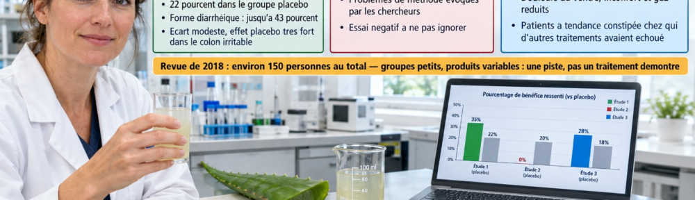 Chercheuse française d'environ 40 ans en blouse blanche à une paillasse, tenant un verre de jus d'aloe vera près d'une feuille coupée montrant le gel clair et le latex jaune, d'un bécher gradué de 100 ml et d'un ordinateur affichant un graphique en barres comparant trois études aux pourcentages placebo ; revue scientifique et petit carnet de suivi des symptômes sur le côté ; trois panneaux colorés (vert premier essai, rouge deuxième essai, bleu troisième essai) et un bandeau ambre.