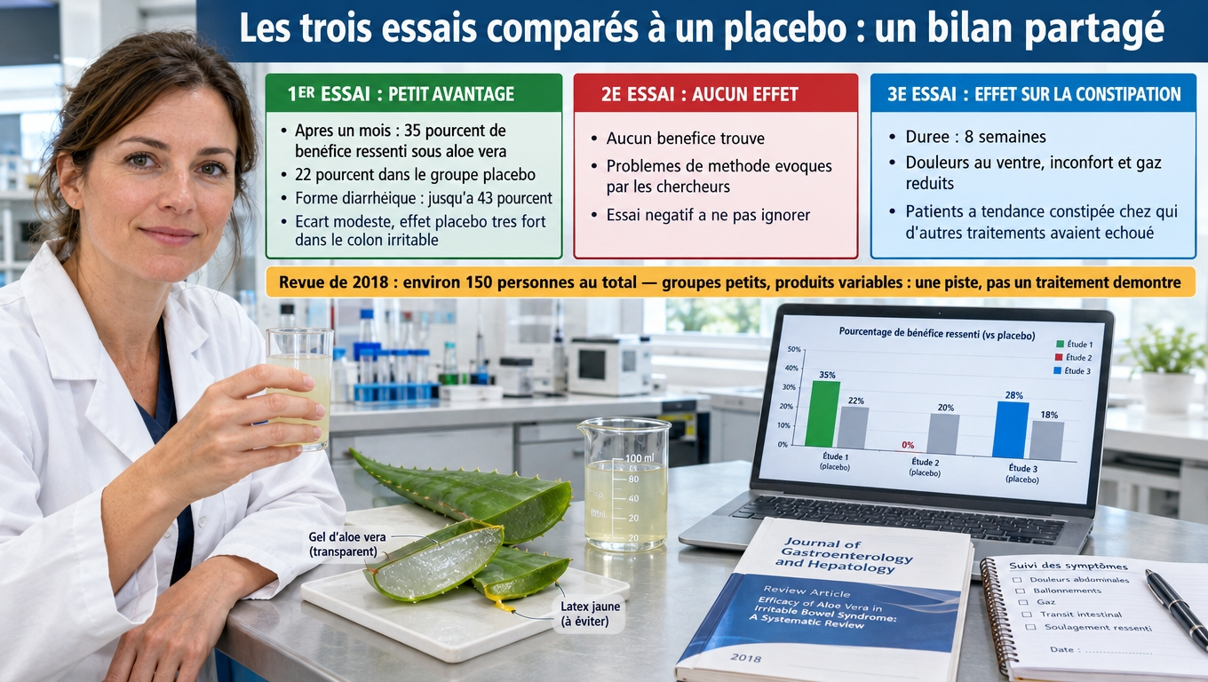 Un essai positif modéré (35 % vs 22 % de bénéfice, 43 % en forme diarrhéique), un essai négatif, un essai encourageant sur la constipation — groupes petits, produits variables : une piste, pas une preuve.
