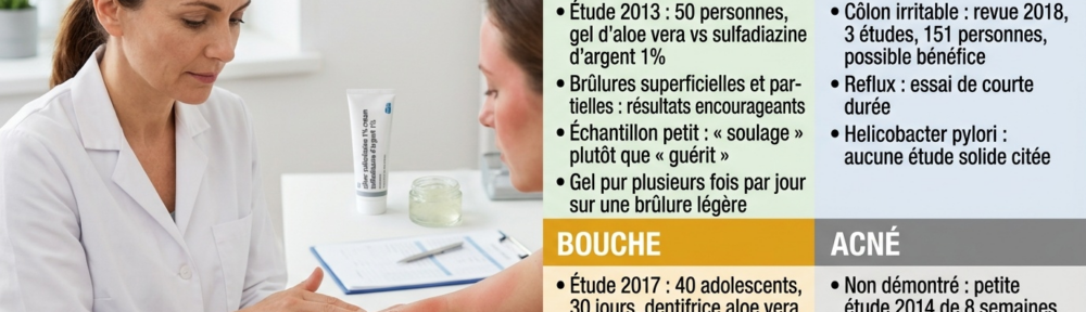 Dermatologue française d'environ 45 ans en blouse blanche appliquant délicatement du gel d'aloe vera pur sur l'avant-bras d'une patiente d'environ 35 ans présentant un léger coup de soleil, dans un cabinet lumineux ; sur le bureau, tube de crème à la sulfadiazine d'argent à 1 %, petit pot de gel d'aloe vera et dossier médical ; quatre panneaux colorés (vert brûlures, bleu digestion, ambre bouche, gris acné).