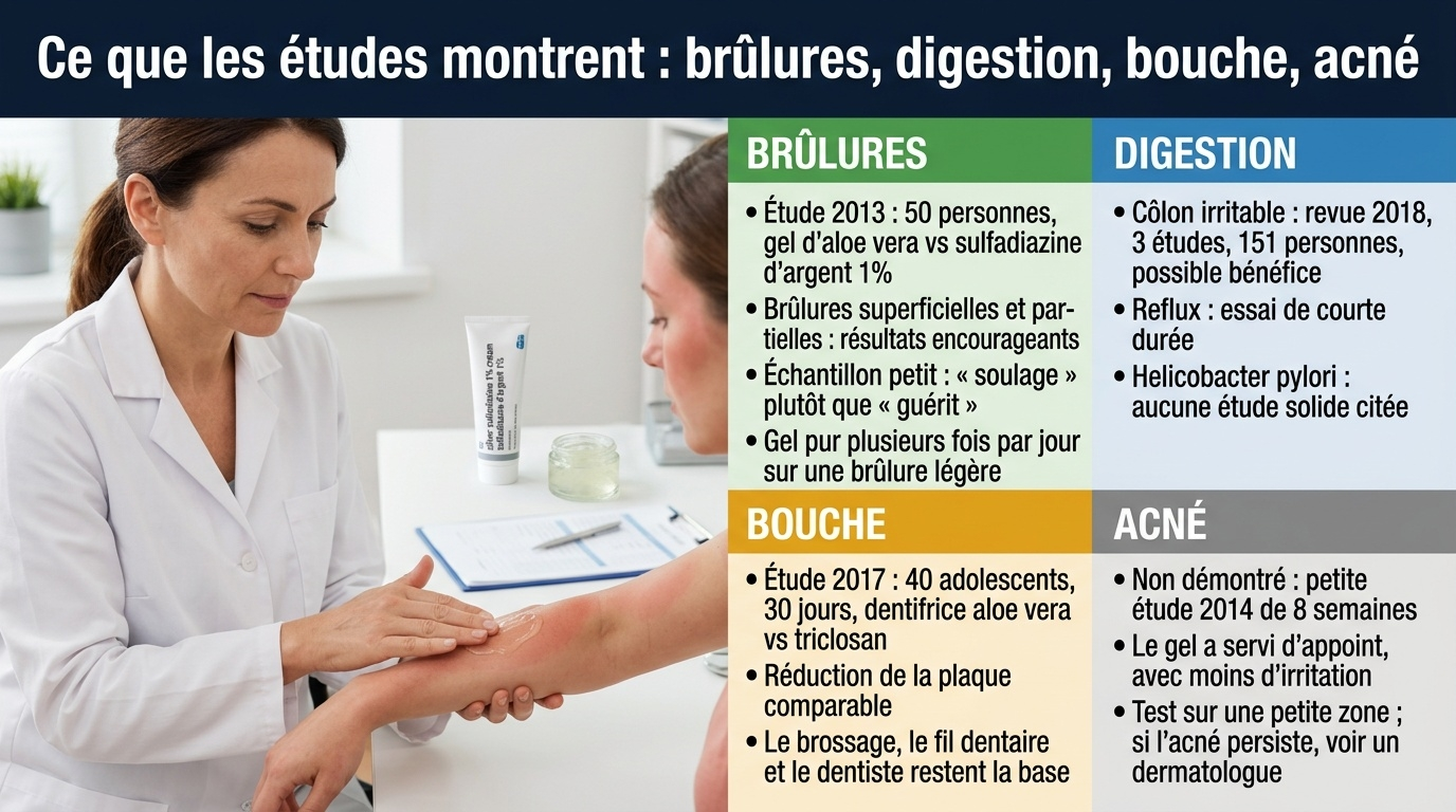  Brûlures légères (étude 2013, 50 personnes), côlon irritable (revue 2018, 151 personnes), bouche (étude 2017, 40 adolescents) : pistes encourageantes mais preuves limitées ; anti-acné et anti-H. pylori non démontrés.
