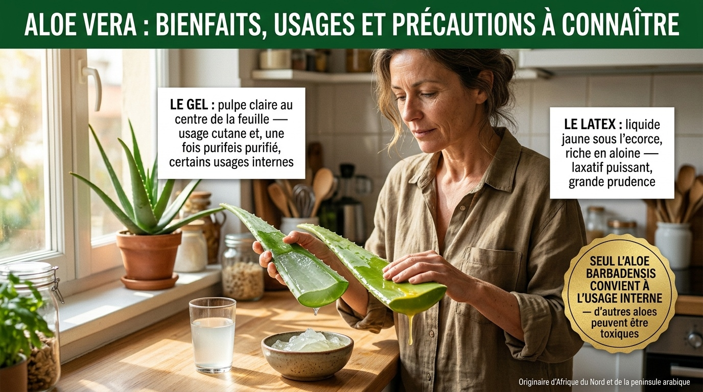  Aloe vera : distinguer le gel (pulpe claire, usage cutané et interne purifié) du latex jaune riche en aloïne (laxatif puissant) ; seul l'Aloe barbadensis convient par voie orale.