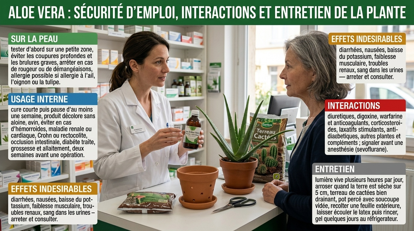Sur la peau : test préalable et arrêt si irritation ; en interne : produit décoloré, cures courtes, éviter huit situations à risque ; interactions (diurétiques, digoxine, anticoagulants, anesthésie) et entretien de la plante.