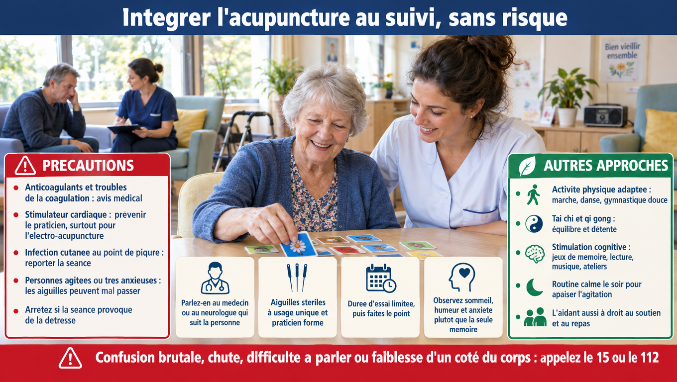 « Acupuncture et Alzheimer : prévenir le praticien (anticoagulants, stimulateur cardiaque), essai limité puis bilan, et alternatives (activité physique, tai-chi, stimulation cognitive, soutien de l'aidant). »