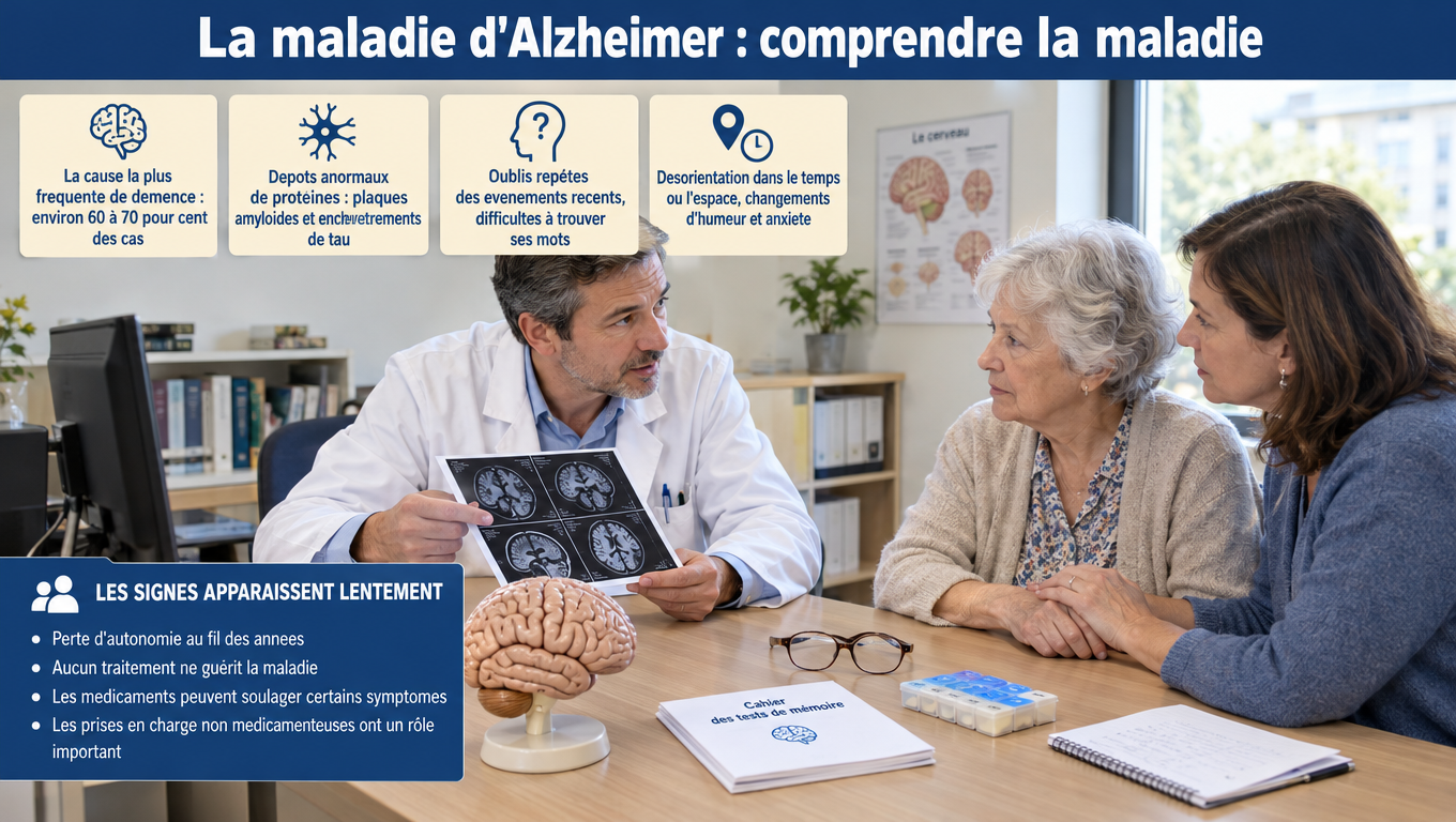 « Maladie d'Alzheimer : 60 à 70 % des démences, plaques amyloïdes et enchevêtrements de tau, oublis récents, désorientation et perte d'autonomie — aucun traitement curatif. »