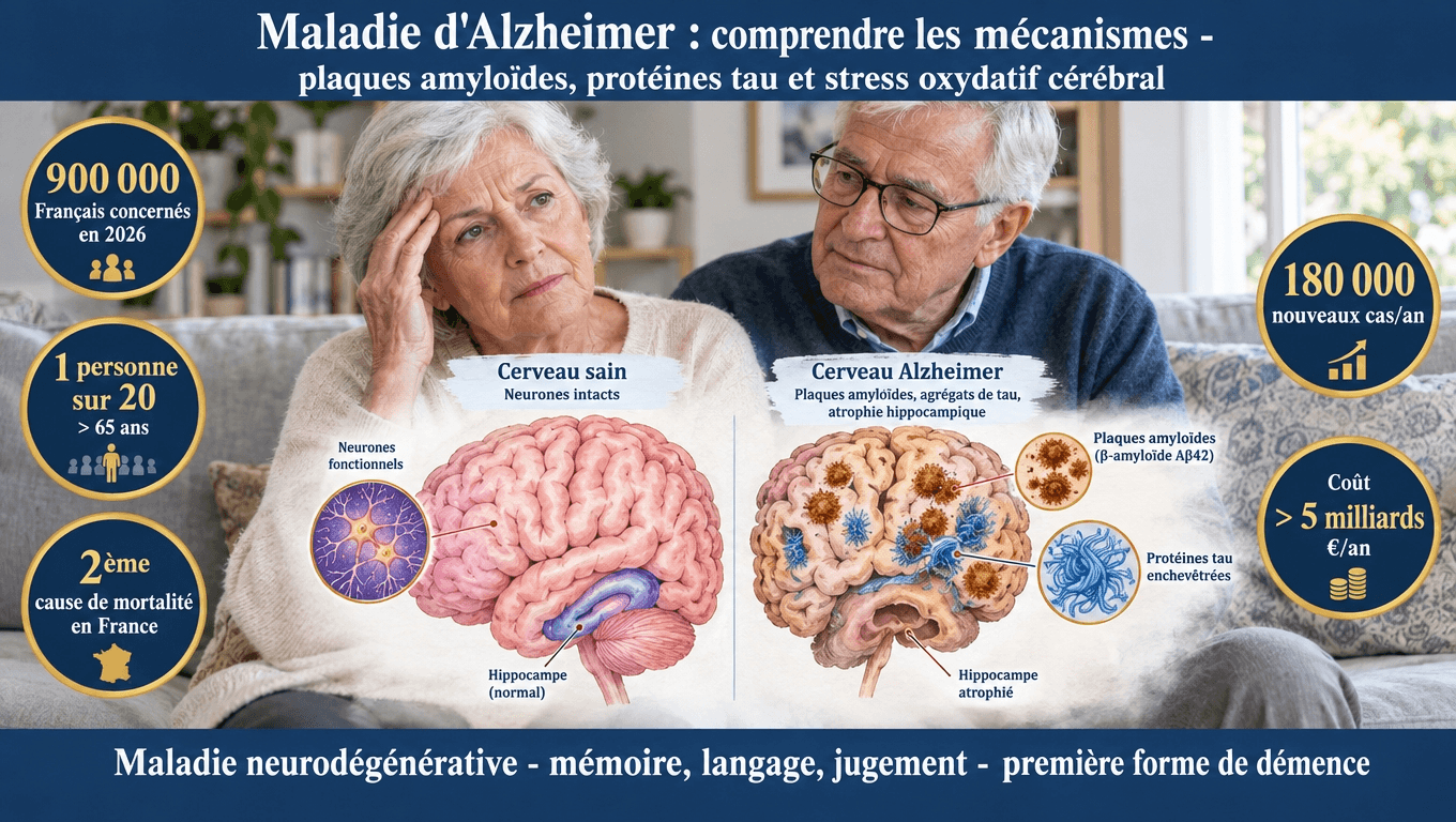 « 900 000 Français, 1 personne sur 20 > 65 ans ; comprendre la cascade β‑amyloïde → tau → stress oxydatif → dégénérescence cholinergique, c'est déjà prévenir. »