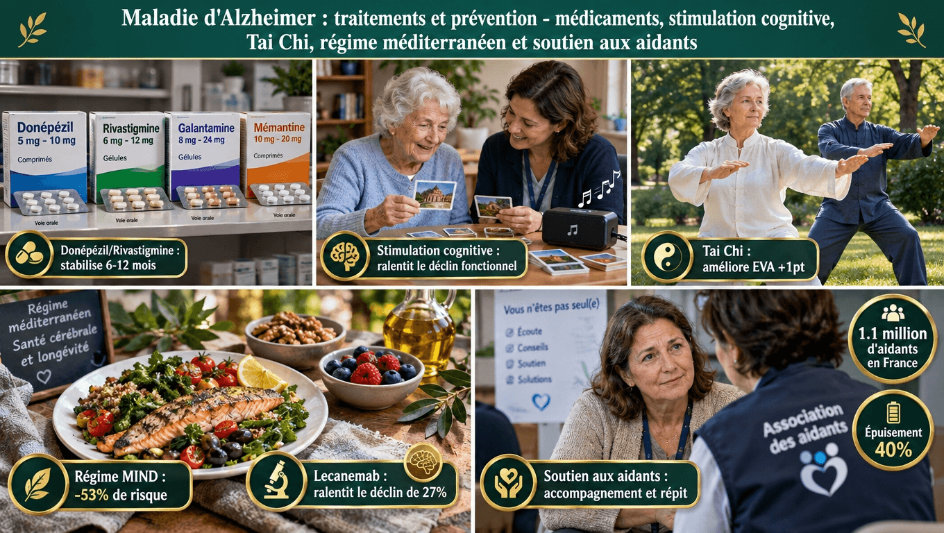 « IAChE + mémantine + lecanemab ; Tai Chi + stimulation cognitive ; régime MIND ‑53 % de risque ; 1,1 M d'aidants en France : la stratégie combinée qui ralentit l'Alzheimer et préserve la qualité de vie. »