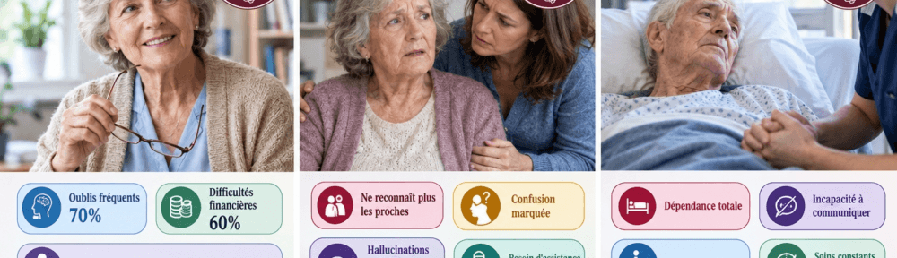 Triptyque éditorial de trois patients : (gauche) femme 72 ans souriante mais confuse, tenant ses lunettes de lecture, badge « MMSE 24/30 — Stade léger », étiquettes « Oublis fréquents », « Difficultés financières (gestion des comptes) », « Léger isolement social » ; (centre) femme 76 ans accompagnée de sa fille soucieuse, badge « MMSE 14/30 — Stade modéré », étiquettes « Ne reconnaît plus les proches », « Confusion temporo‑spatiale marquée », « Hallucinations visuelles 15‑20 % », « Aide quotidienne requise » ; (droite) homme 84 ans alité, main tenue par une aide‑soignante, badge « MMSE 5/30 — Stade sévère », étiquettes « Dépendance totale », « Incapacité à communiquer verbalement », « Perte de mobilité », « Soins constants 24 h/24 ». Frise chronologique inférieure : « Évolution moyenne : 8‑14 ans (survie médiane après diagnostic) ».