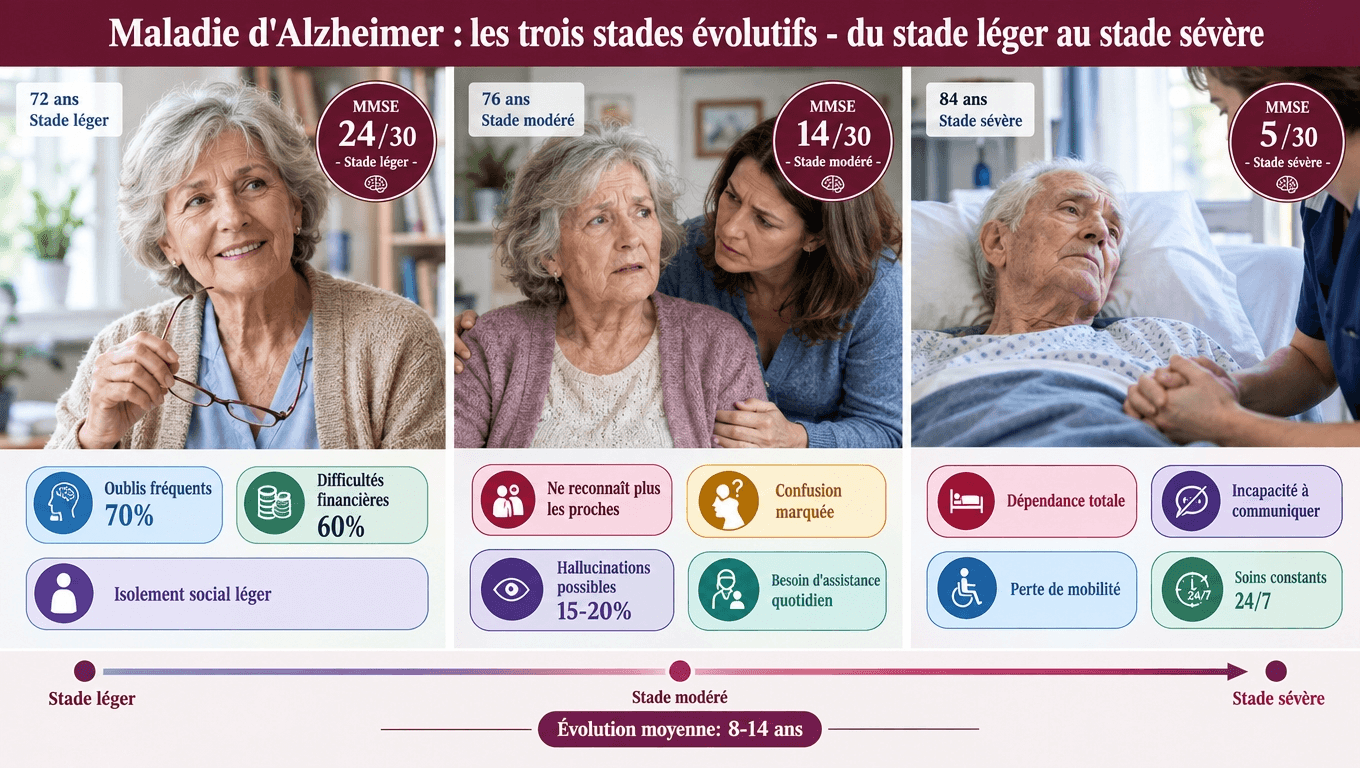 « Du MMSE 24/30 (oublis fréquents) au MMSE 5/30 (dépendance totale) : comprendre la progression de l'Alzheimer sur 8‑14 ans pour mieux adapter la prise en charge. »