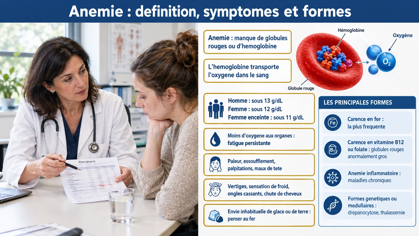  Anémie = hémoglobine sous 13 g/dL (homme), 12 g/dL (femme), 11 g/dL (enceinte) : fatigue, pâleur et essoufflement. Quatre grandes formes, dont la carence en fer.