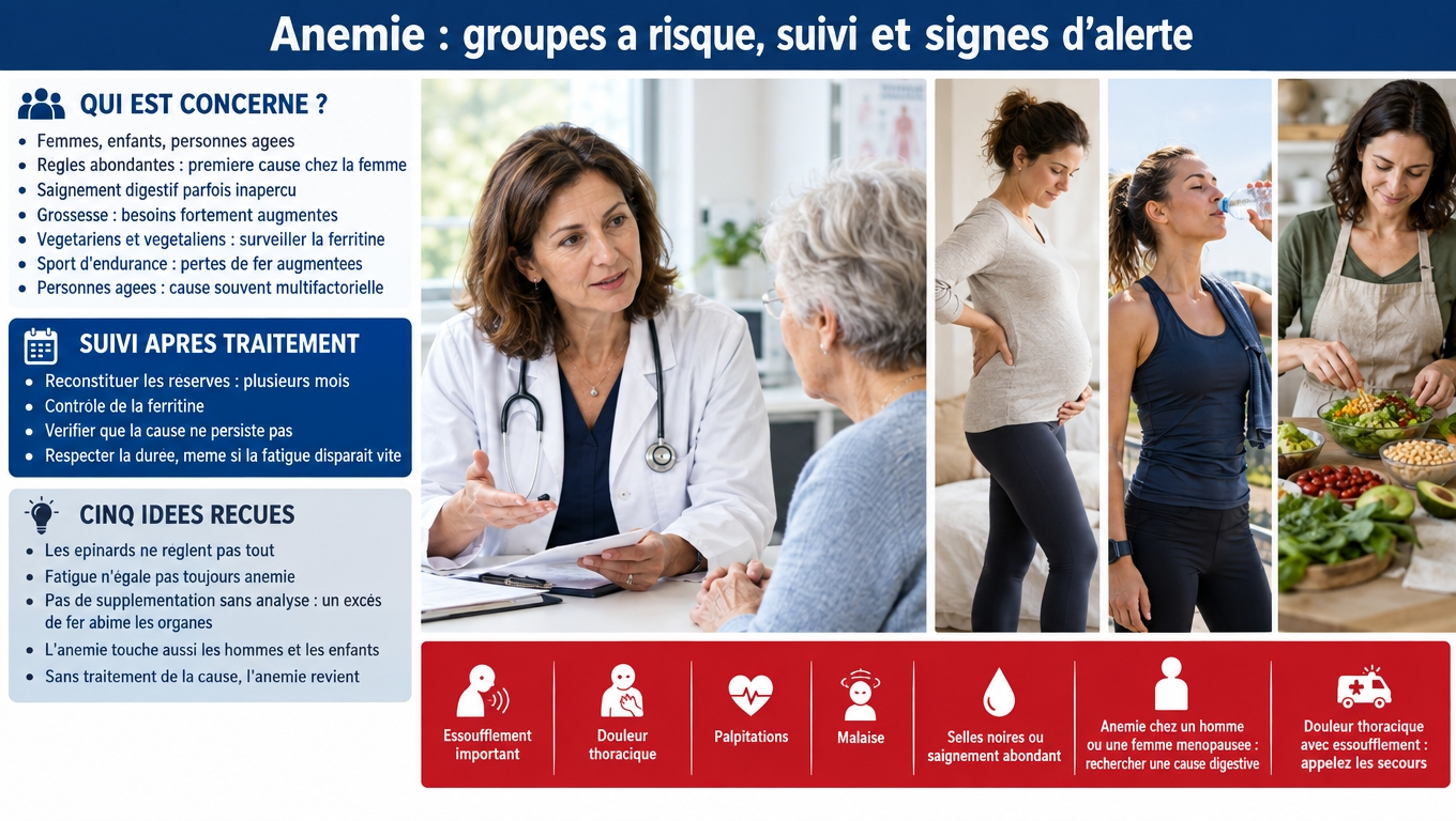 Règles abondantes, saignements digestifs, grossesse, végéta*, sport d'endurance et âge : les groupes à risque de l'anémie — et les signaux d'alerte qui imposent une consultation.