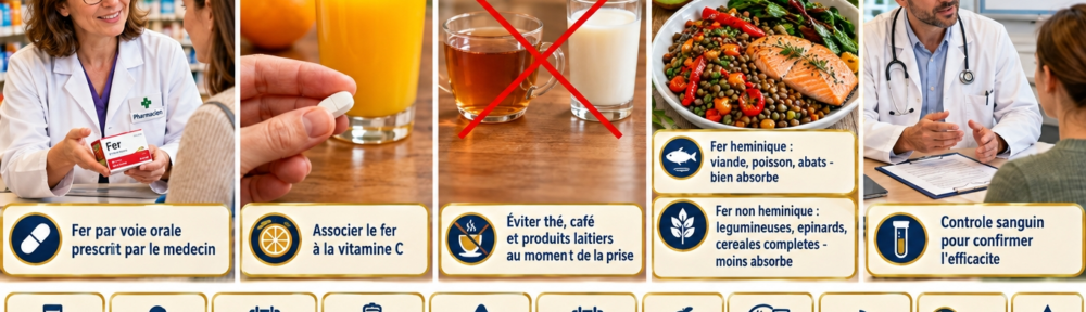 Pharmacien français d'environ 40 ans remettant une boîte de fer à une patiente d'environ 38 ans ; comprimé de fer pris avec un jus d'orange riche en vitamine C ; tasse de thé et verre de lait barrés avec une petite horloge ; assiette de lentilles, poivrons, huile d'olive, légumes verts et poisson ; médecin expliquant un calendrier de contrôle sanguin.