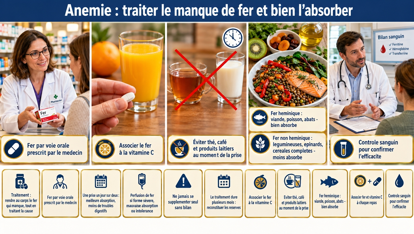 Fer oral (idéalement un jour sur deux), vitamine C au moment de la prise, thé/café/lait à distance, fer héminique bien absorbé : le traitement et les bons réflexes alimentaires.