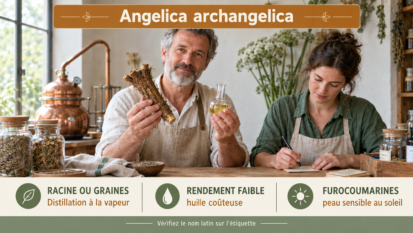 « Angelica archangelica : une Apiacée distillée à la vapeur à partir de la racine ou des graines, au rendement faible — vérifiez toujours le nom latin et la partie distillée. »