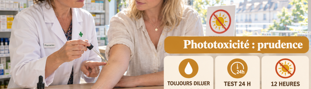 « Pharmacienne de 47 ans appliquant une goutte d'huile diluée au pli du coude d'une femme de 29 ans à peau claire, près d'une fenêtre ensoleillée d'une pharmacie française ; bol d'huile végétale d'amande douce, flacon compte‑gouttes, cotons, bandelette de test 24 h et lunettes de soleil sur le comptoir, avec une infographie française sur la phototoxicité de l'angélique. »