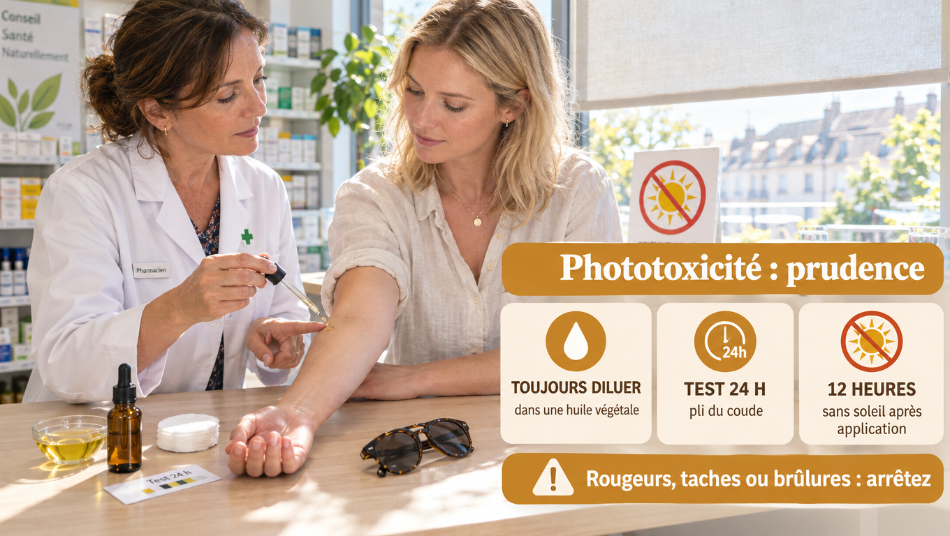 « Angélique blanche phototoxique : dilution obligatoire, test 24 h au pli du coude, 12 heures sans soleil après application, arrêt en cas de rougeurs ou de cloques. »