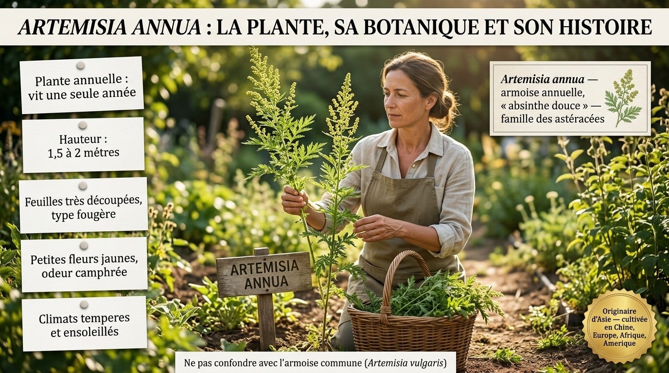  Artemisia annua : astéracée annuelle de 1,5–2 m, feuilles type fougère, fleurs jaunes camphrées, originaire d'Asie — Qinghao en médecine traditionnelle chinoise.