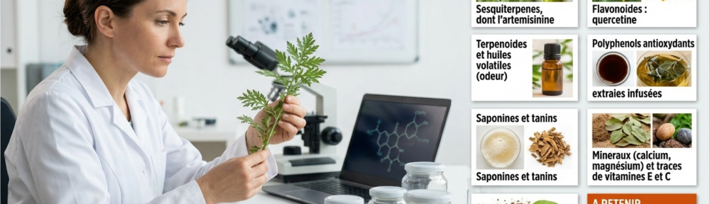 Chercheuse française d'environ 40 ans en blouse blanche, à une paillasse de laboratoire, tenant un rameau frais d'Artemisia annua près de bocaux étiquetés et de boîtes de Petri, microscope et ordinateur affichant un schéma moléculaire en arrière-plan ; six panneaux illustrant chaque famille de composés et un encadré orange « À retenir ».
