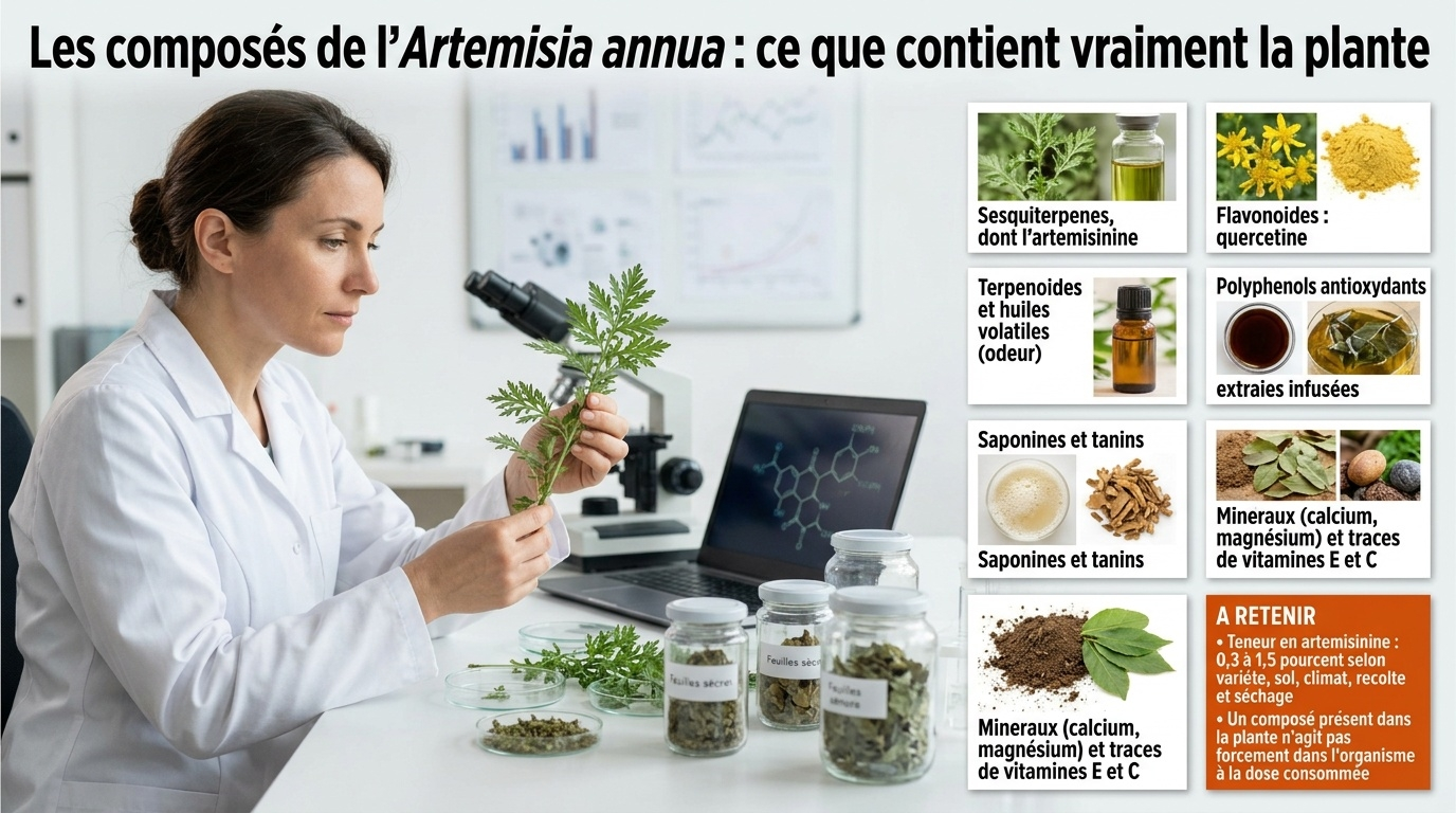 Sesquiterpènes (artémisinine), flavonoïdes, terpénoïdes, polyphénols, saponines, tanins, minéraux : une composition riche mais très variable (0,3–1,5 % d'artémisinine).