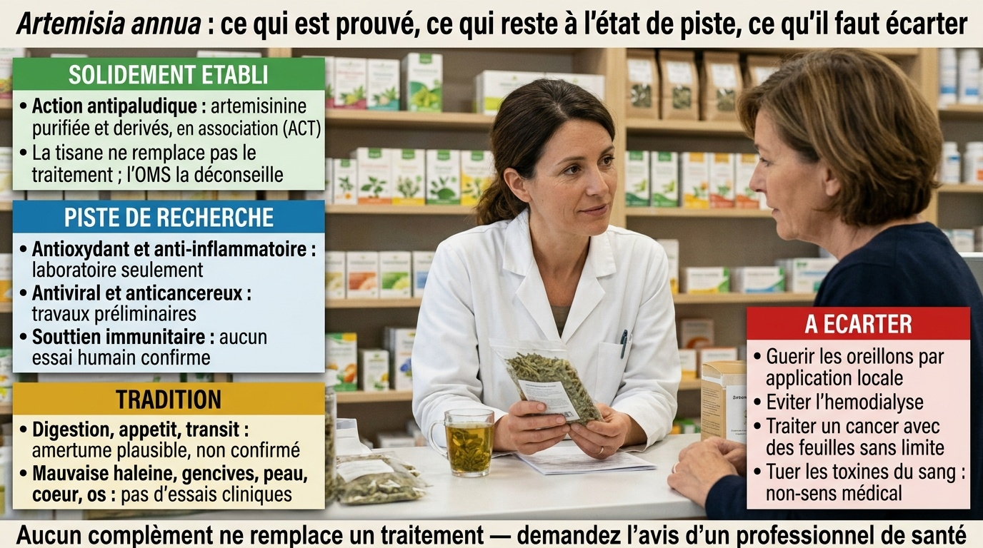 Seul usage validé : l'action antipaludique de l'artémisinine purifiée dans les ACT ; antioxydant, antiviral, immunité = recherche ; digestion, peau, cœur, os = tradition ; plusieurs promesses dangereuses à écarter.