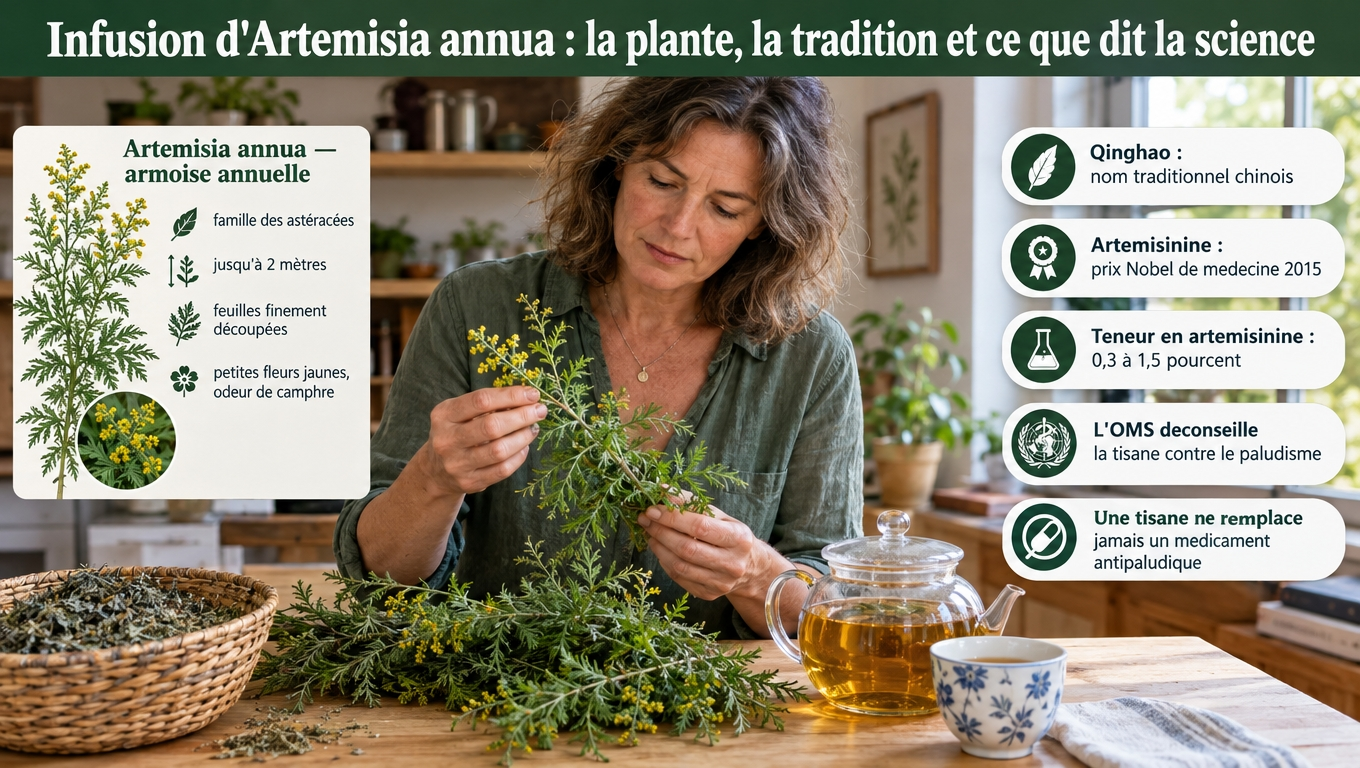  Artemisia annua : armoise annuelle à 0,3–1,5 % d'artémisinine, Nobel 2015 — mais l'OMS déconseille la tisane contre le paludisme.