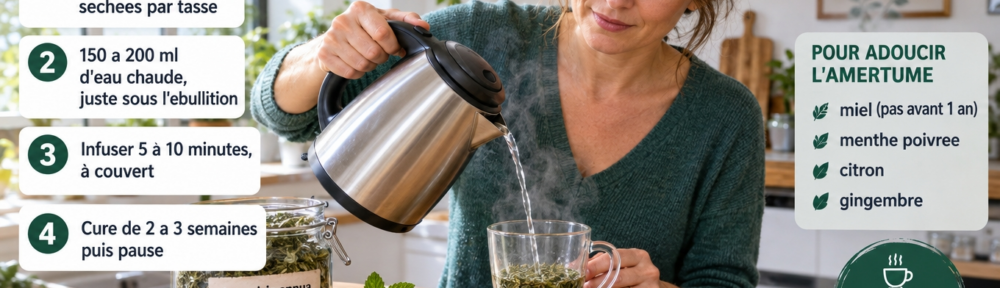 Femme d'environ 40 ans versant de l'eau juste sous l'ébullition dans une tasse en verre contenant des feuilles séchées, passoire fine et petite cuillère à proximité, couvercle posé sur la tasse, menthe fraîche et rondelle de citron sur une planche en bois, bocal de feuilles étiqueté en français ; quatre cartes-étapes numérotées et encadré « Pour adoucir l'amertume ».