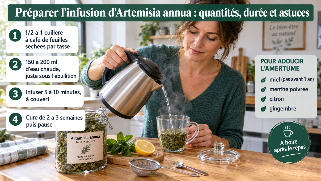 1/2 à 1 c. à café de feuilles séchées pour 150–200 ml d'eau juste sous l'ébullition, 5 à 10 min à couvert, cure de 2 à 3 semaines puis pause.