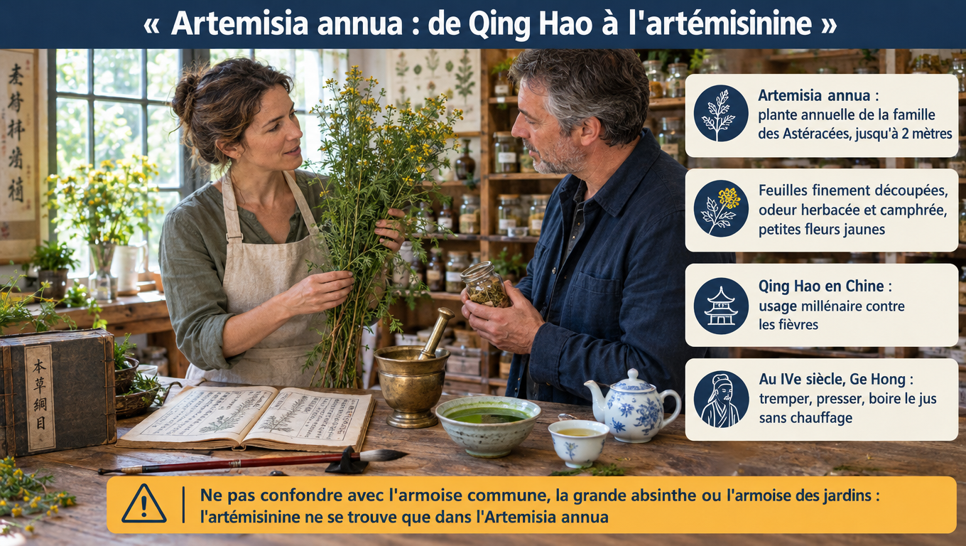 « Artemisia annua (Qing Hao) : plante annuelle des Astéracées jusqu'à 2 m, odeur camphrée, utilisée depuis plus de mille ans en Chine et citée par Ge Hong au IVe siècle. »