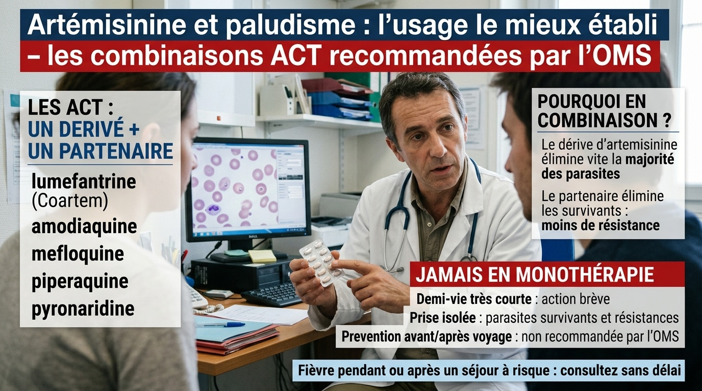  Les ACT (luméfantrine, amodiaquine, méfloquine, pipéraquine, pyronaridine) sont l'usage validé ; la monothérapie favorise les résistances et la « prévention » par artémisinine n'est pas recommandée.