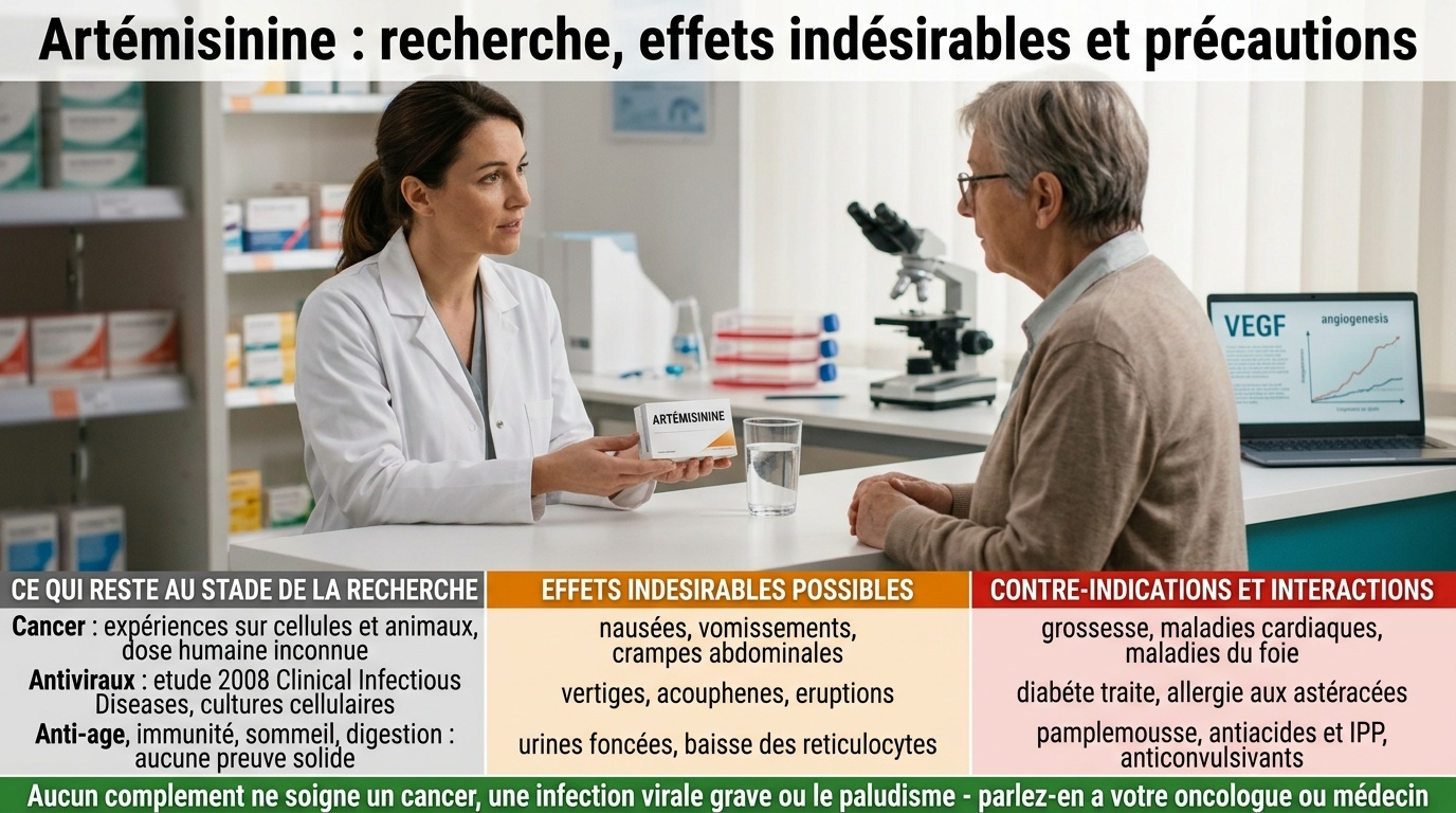 Cancer et antiviraux : pistes de laboratoire, aucune dose humaine validée ; effets indésirables, contre-indications, interactions et précautions d'achat.