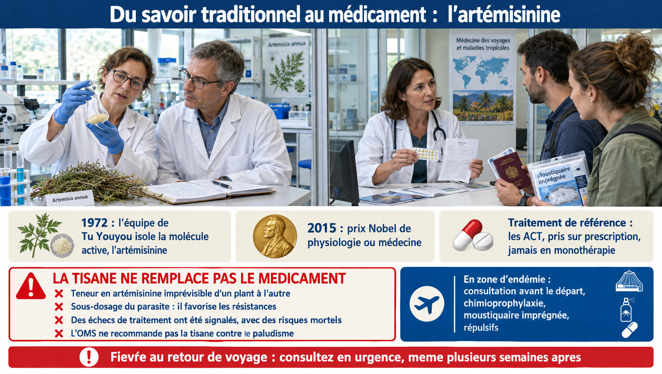 « Artémisinine : isolée en 1972 par Tu Youyou (prix Nobel 2015) à partir du Qing Hao ; tisane non recommandée par l'OMS contre le paludisme — le traitement est l'ACT sur prescription. »