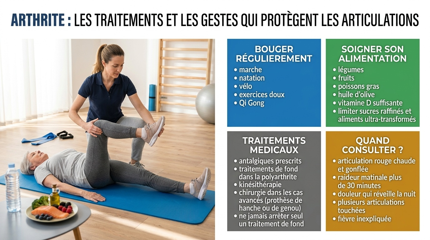 Arthrose, polyarthrite, goutte : traitements (antalgiques, traitements de fond, kinésithérapie, prothèse), activité douce, alimentation anti-inflammatoire et signes qui imposent une consultation rapide.