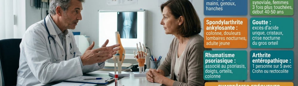 Médecin français d'environ 50 ans en blouse blanche montrant une maquette d'articulation du genou et de la main à une patiente d'environ 55 ans dans un cabinet clair ; au fond, négatoscope affichant une radiographie de genou et tube de prise de sang sur le bureau ; six fiches colorées présentant les types d'arthrite, encadré ambre « Symptômes fréquents » et bandeau rouge d'urgence.
