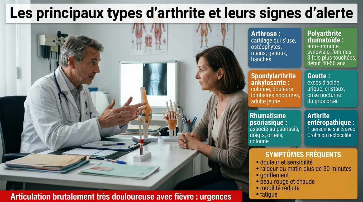 Arthrose, polyarthrite rhumatoïde (auto-immune, femmes ×3, 40–50 ans), spondylarthrite, goutte, rhumatisme psoriasique, arthrite entéropathique (1/5 des MICI) : types et symptômes clés.