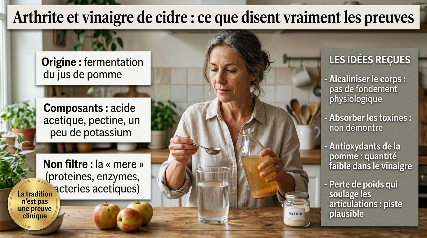 Vinaigre de cidre : acide acétique, pectine, potassium et « mère » — une réputation contre l'arthrite fondée sur des croyances, sans essai clinique humain.