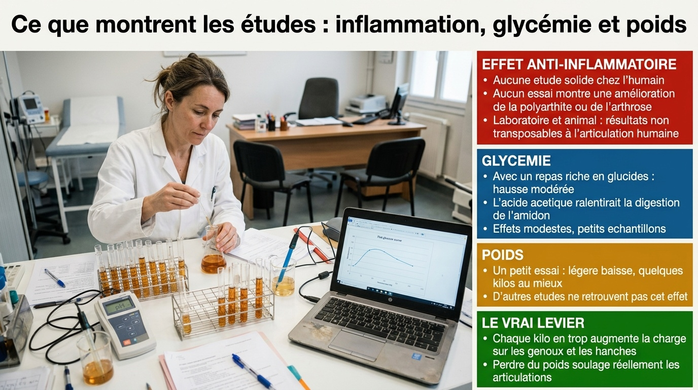 Aucune preuve humaine d'un effet anti-inflammatoire ; effets modestes et inconstants sur la glycémie et le poids ; le vrai levier reste la perte de poids en cas d'arthrose.
