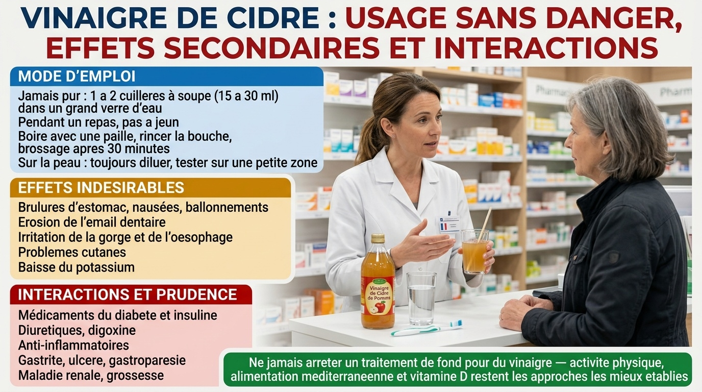 Diluer 15 à 30 ml dans un grand verre d'eau, jamais pur ni à jeun, protéger les dents ; effets secondaires, interactions (diabète, diurétiques, digoxine, AINS) et alternatives réellement étayées.