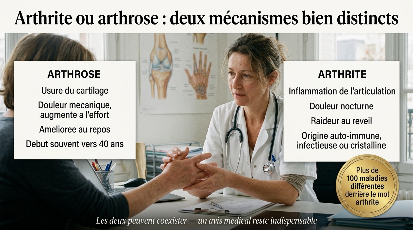 Arthrite = inflammation articulaire (douleur nocturne, raideur matinale > 30 min) ; arthrose = usure du cartilage (douleur mécanique à l'effort) — deux mécanismes à ne pas confondre.