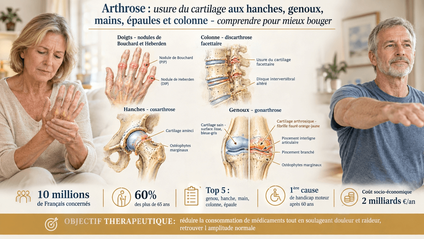 0 millions de Français, 60 % des > 65 ans ; usure du cartilage entre les os ; classement Kellgren‑Lawrence 0‑4 ; mobilité préservée par le mouvement régulier.