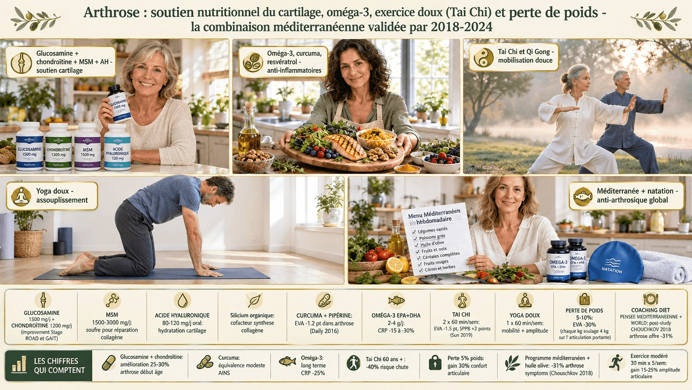 Glucosamine + chondroïtine + MSM + AH + oméga‑3 + Tai Chi + perte de poids 5 % + régime méditerranéen : la combinaison qui soulage l'arthrose et préserve le cartilage.
