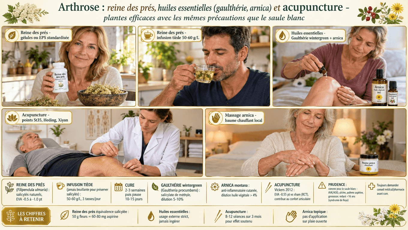 Reine des prés en infusion tiède, wintergreen + arnica en application cutanée, acupuncture sur Dubi ST35 : trois leviers végétaux et manuels, avec les mêmes précautions que l'aspirine.