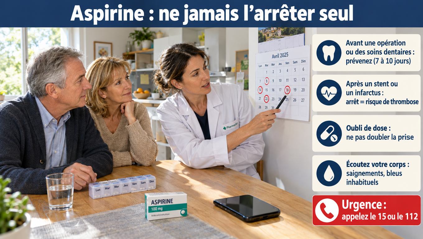 « Aspirine : pourquoi il ne faut jamais l'arrêter seul, à prévenir 7 à 10 jours avant une opération, et que faire en cas d'oubli de dose. »