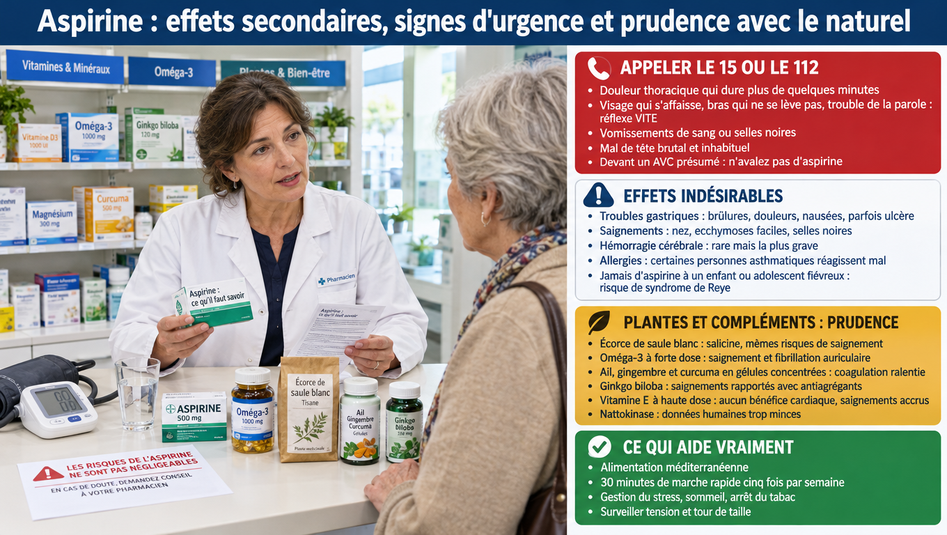 Saignements, ulcères, syndrome de Reye : les effets à connaître — plus le réflexe VITE, la règle « pas d'aspirine devant un AVC présumé » et les plantes qui fluidifient le sang à éviter.