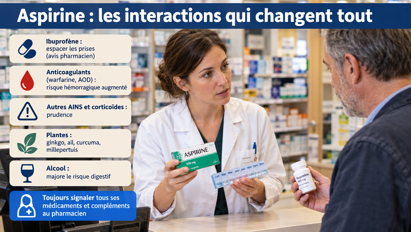 « Ibuprofène, anticoagulants, corticoïdes, ginkgo, ail, curcuma, alcool : les interactions à connaître avant de prendre de l'aspirine. »